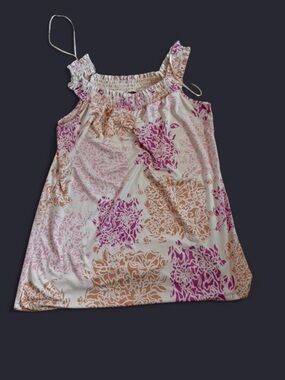 Smocked Neck Floral Print Tank Top - Cream with Pink & Orange